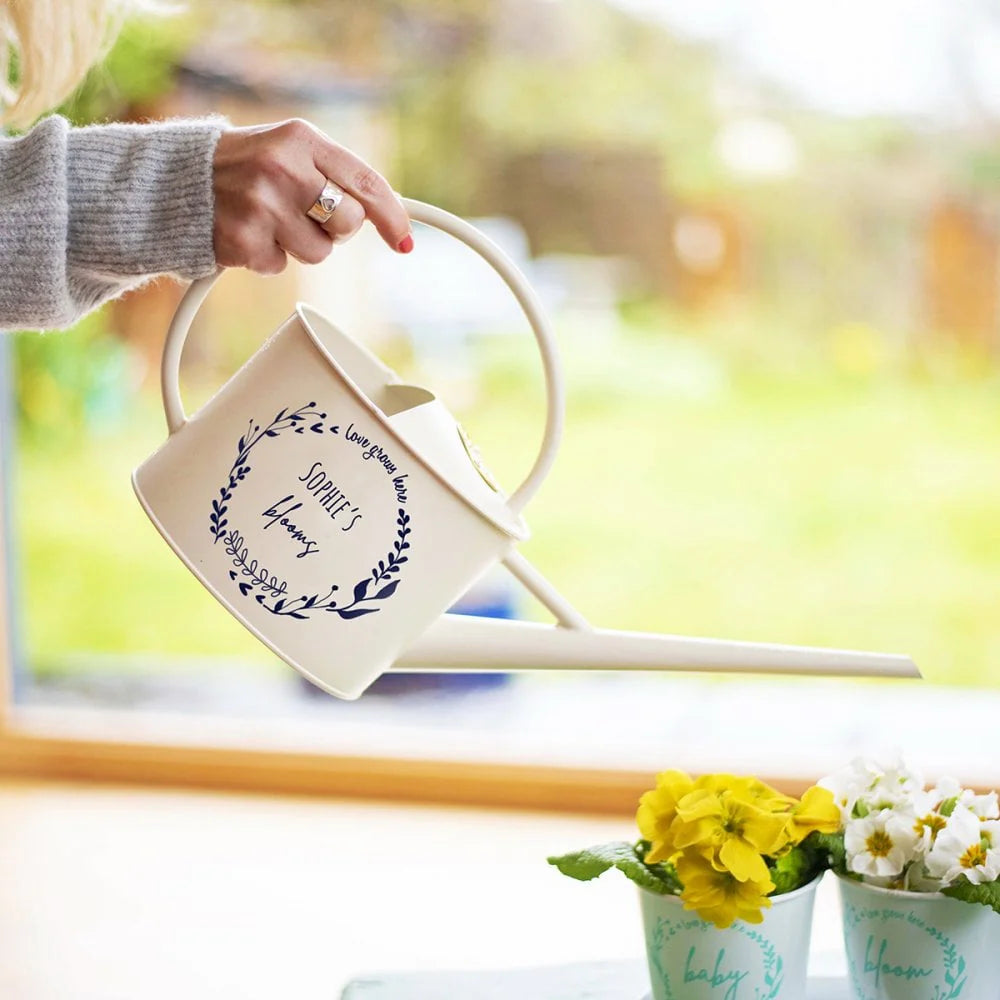 Personalised Cream Watering Can with Wreath Design