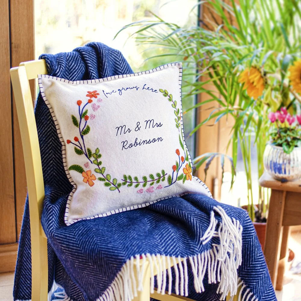 Personalised Hand Embroidered Love Wreath Cushion