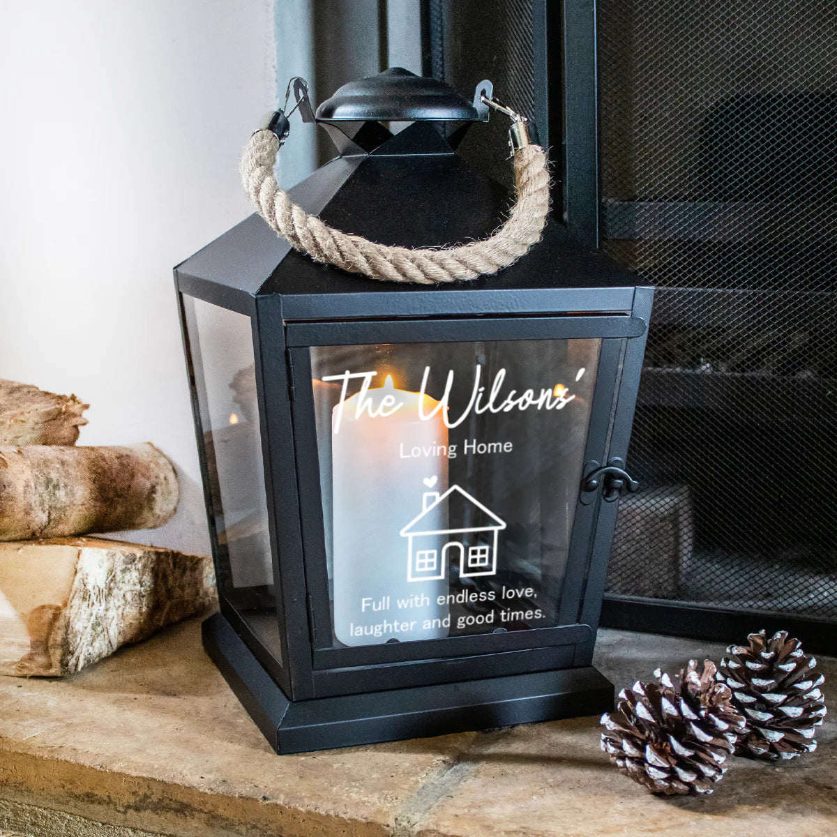 Personalised Black Lantern with Rope Handles