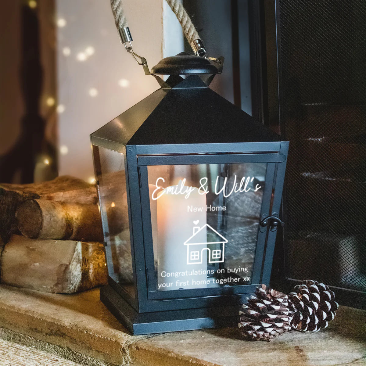 Personalised Black Lantern with Rope Handles