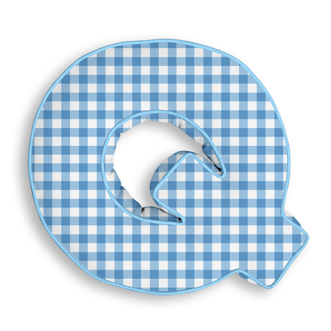 Personalised Letter Cushion 'Q' in Blue Gingham