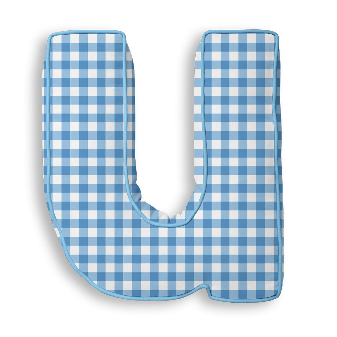 Personalised Letter Cushion 'U' in Blue Gingham