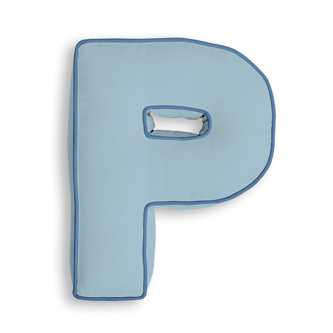 Personalised Letter Cushion 'P' in Soft Blue
