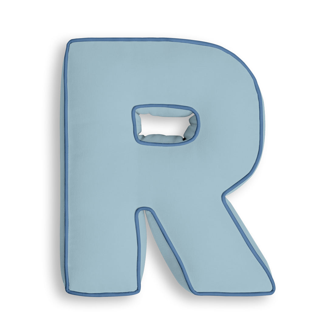 Personalised Letter Cushion 'R' in Soft Blue