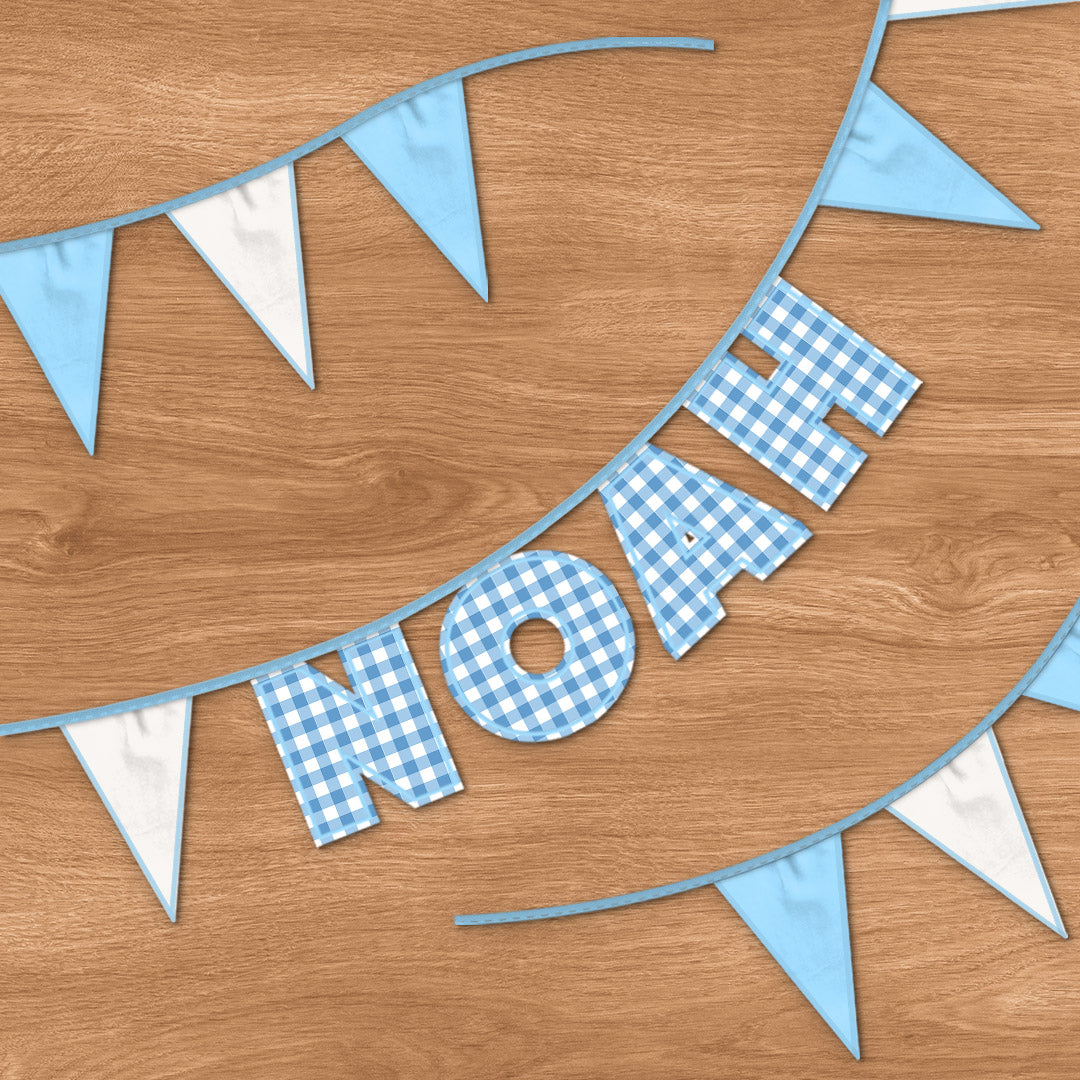 Personalised 4 Letter Name Bunting in Blue Gingham