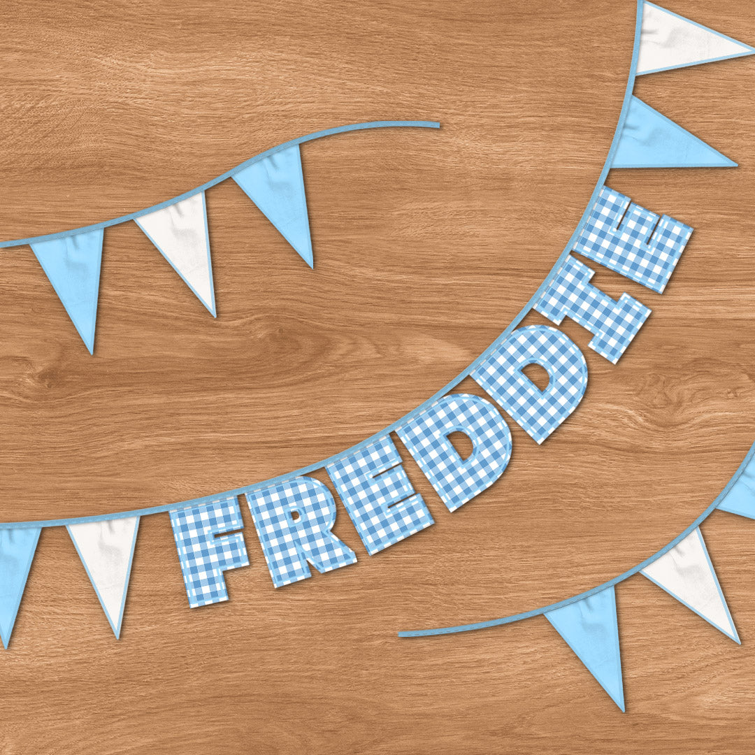 Personalised 7 Letter Name Bunting in Blue Gingham