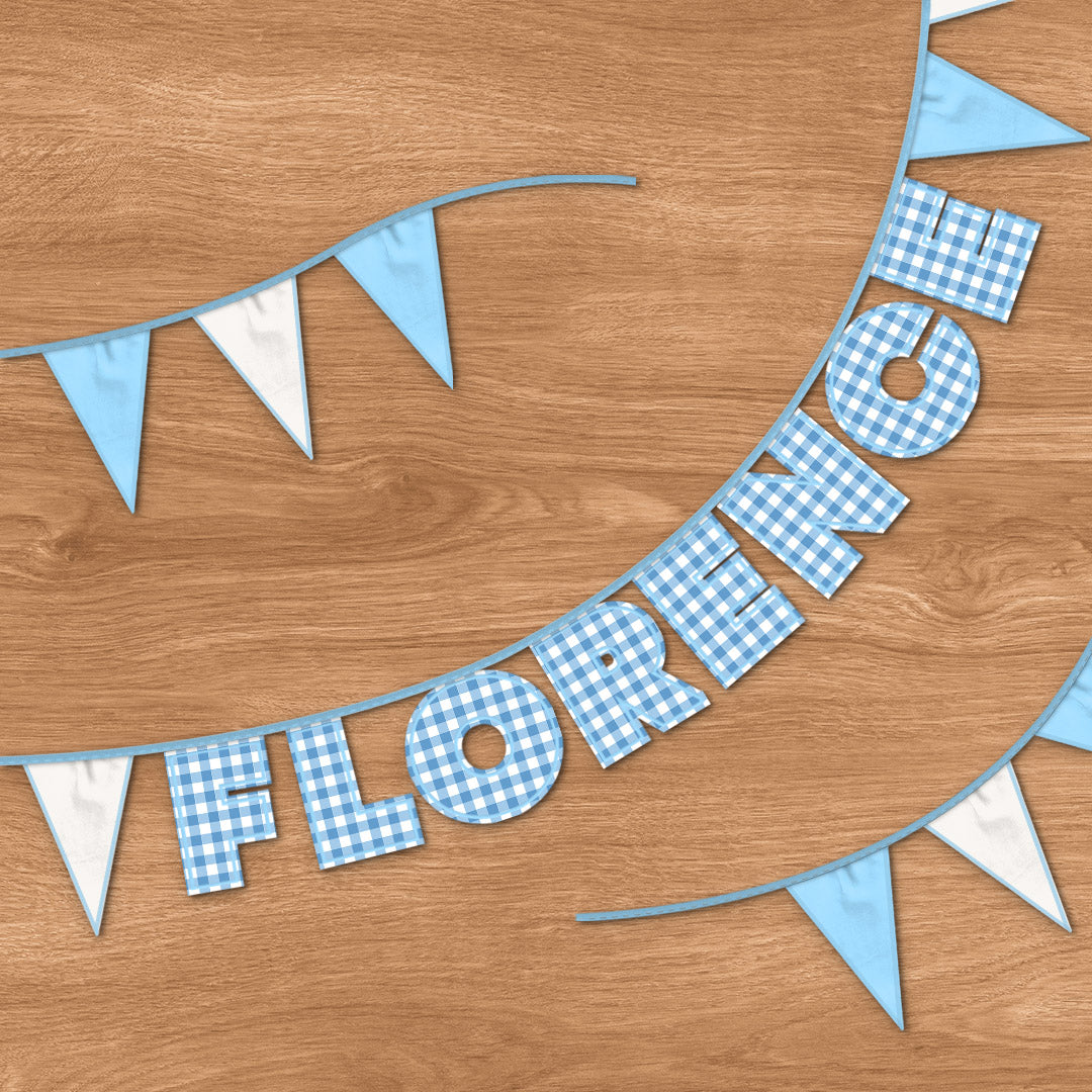 Personalised 8 Letter Name Bunting in Blue Gingham