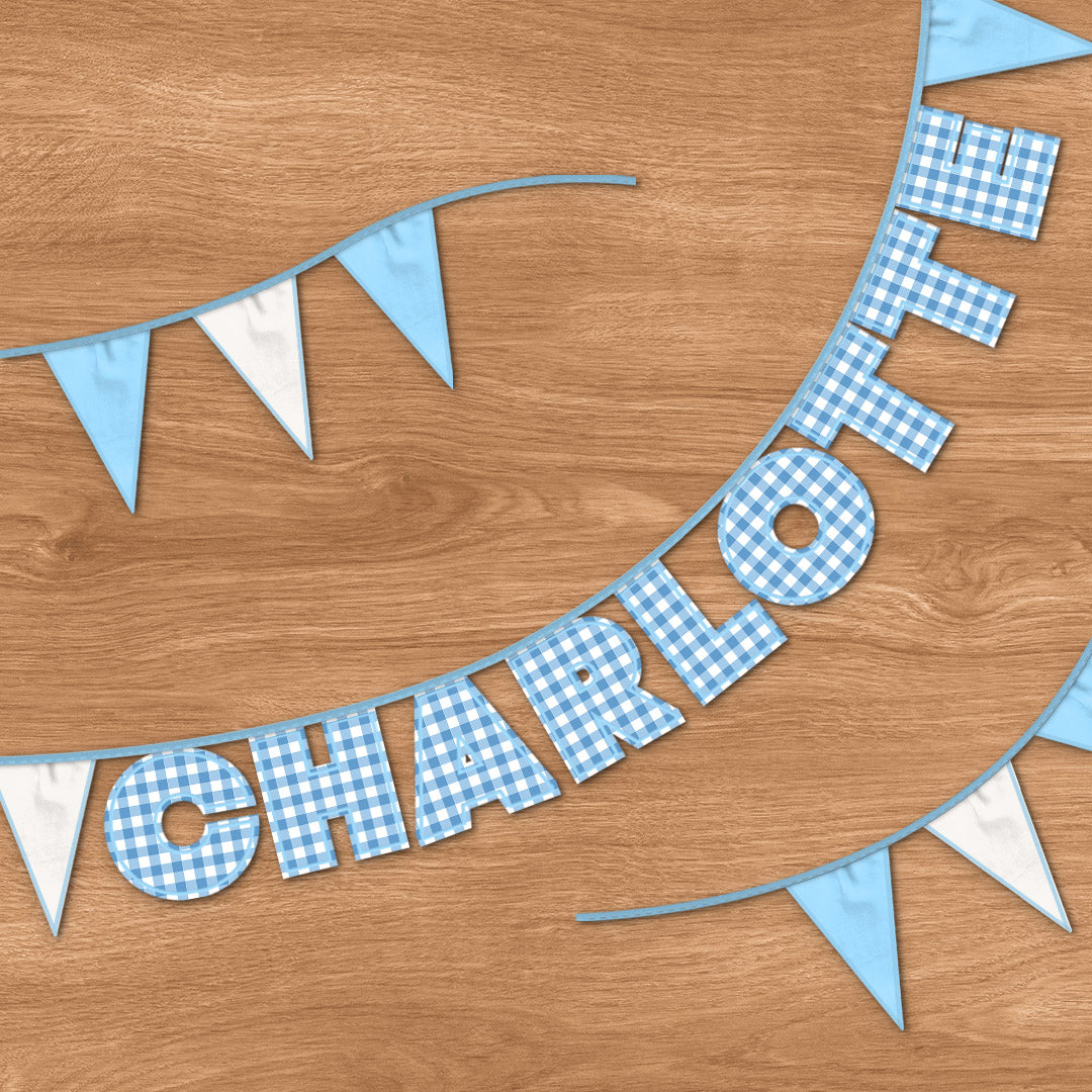 Personalised 9 Letter Name Bunting in Blue Gingham