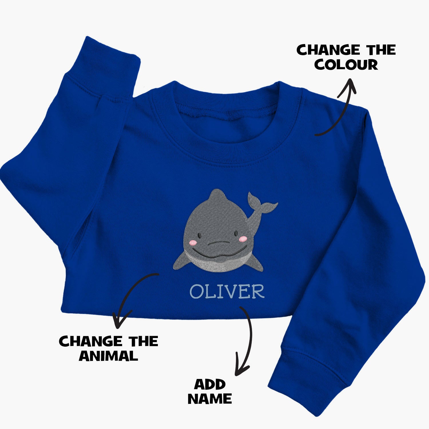 Personalised 'On The Wild Side' Embroidered Children's Dolphin Jumper