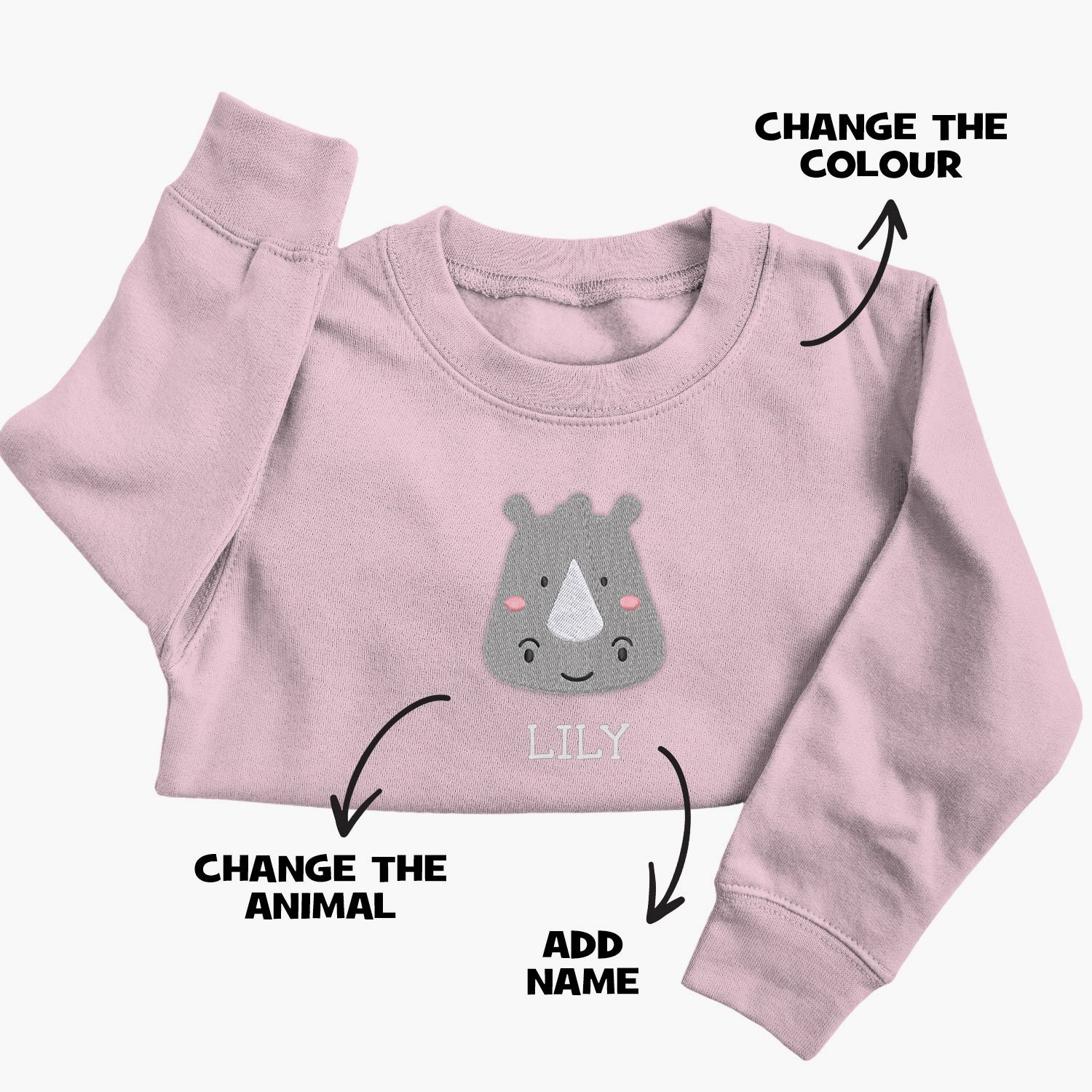 Personalised 'On The Wild Side' Embroidered Children's Rhino Jumper