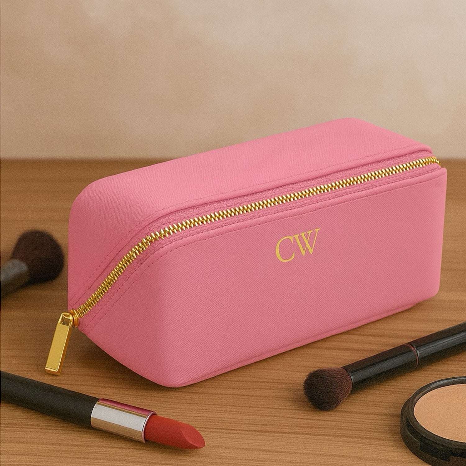 Personalised Vegan Leather Makeup Bag with Brush Set