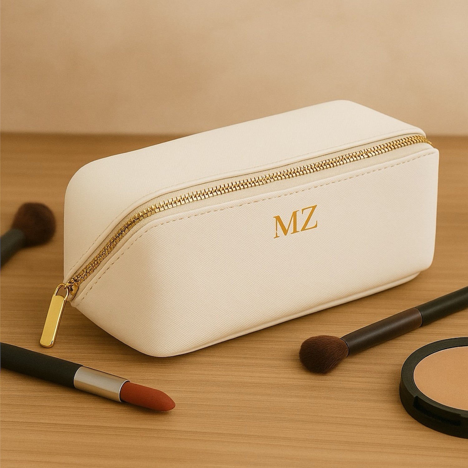 Personalised Vegan Leather Makeup Bag with Brush Set