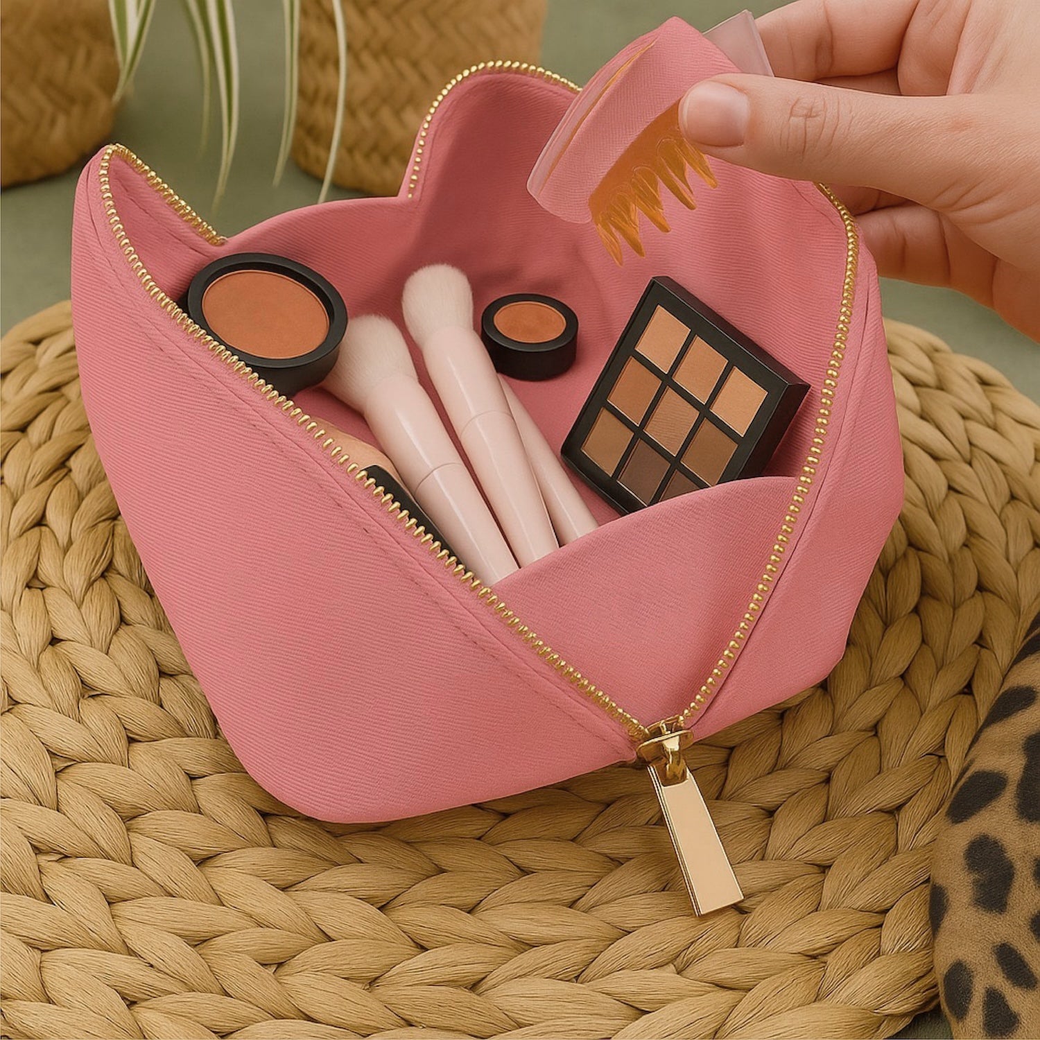 Personalised Vegan Leather Makeup Bag with Brush Set