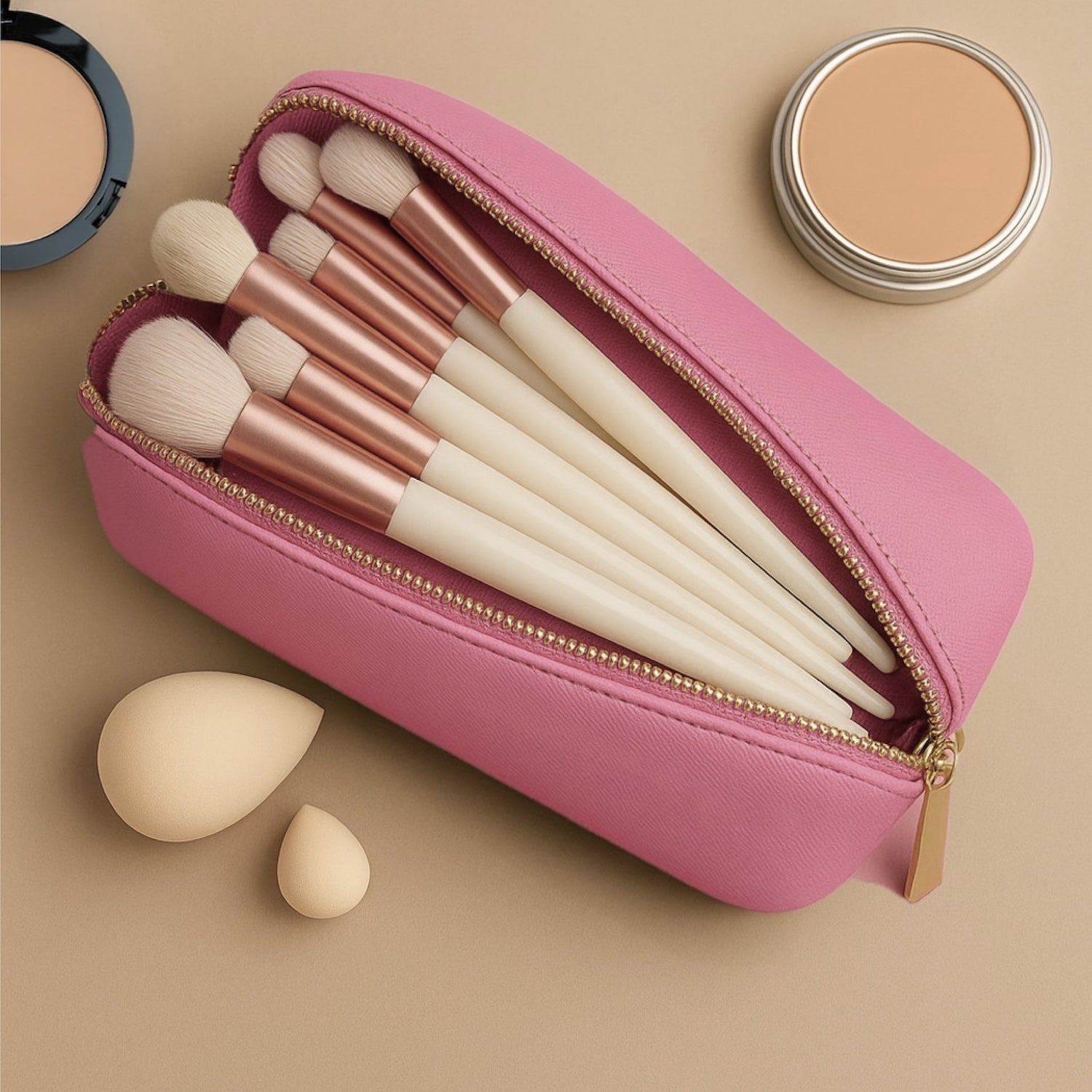 Personalised Vegan Leather Makeup Bag with Brush Set