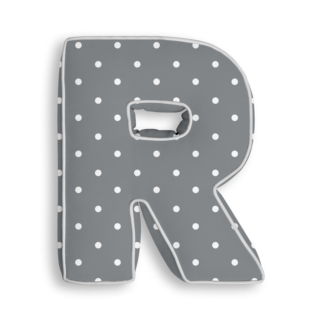 Personalised Letter Cushion 'R' in Grey Polka Dot