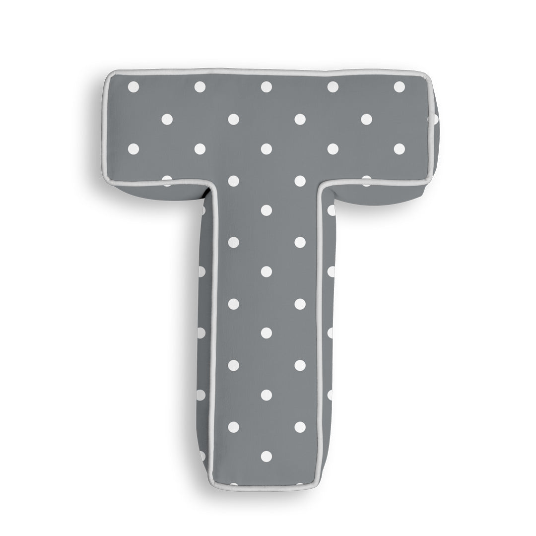 Personalised Letter Cushion 'T' in Grey Polka Dot
