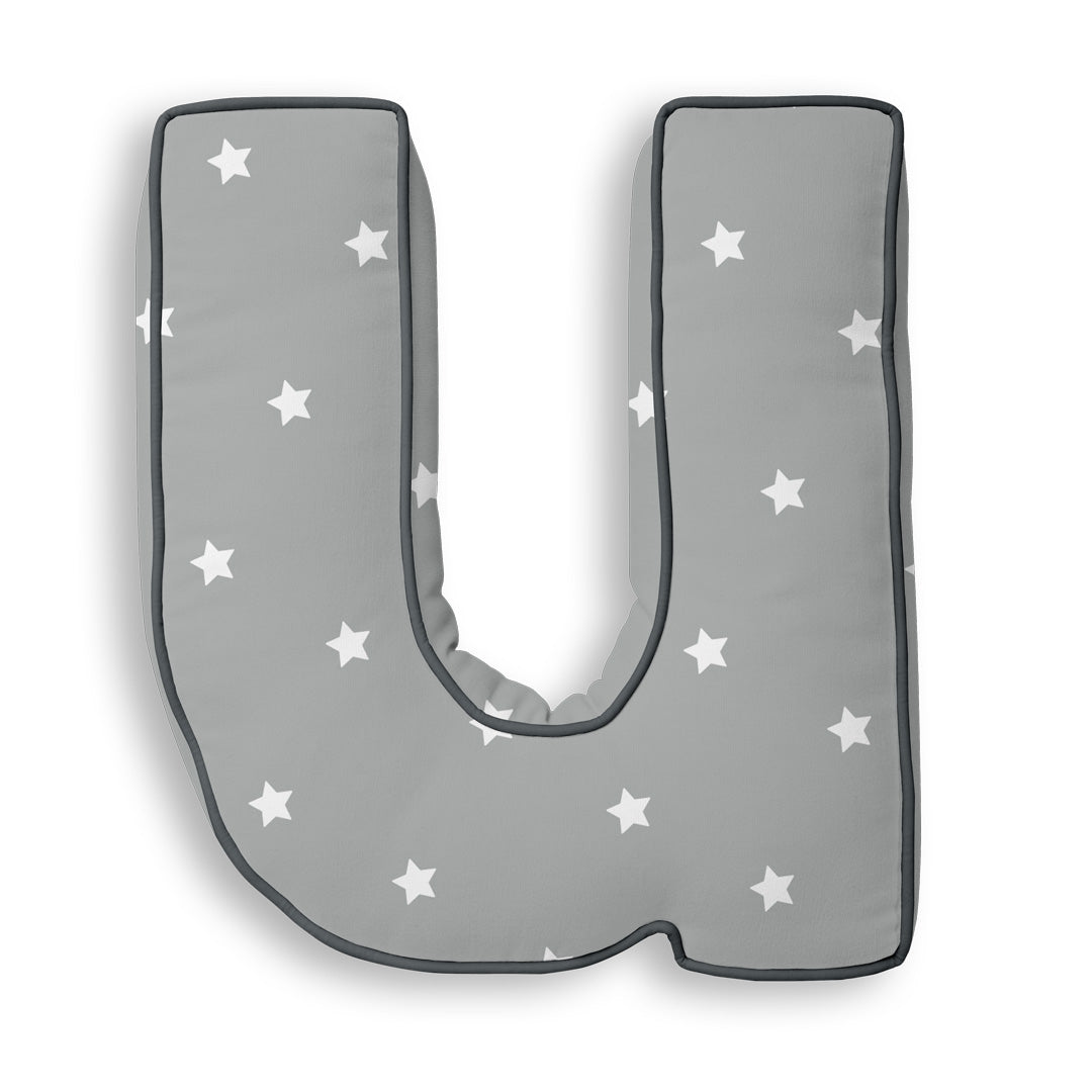 Personalised Letter Cushion 'U' in Grey Stars