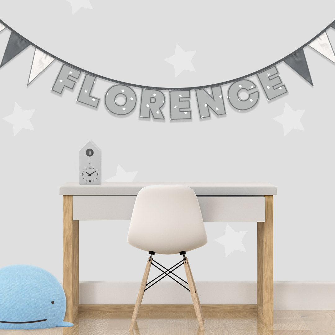 Personalised 8 Letter Name Bunting in Grey Stars
