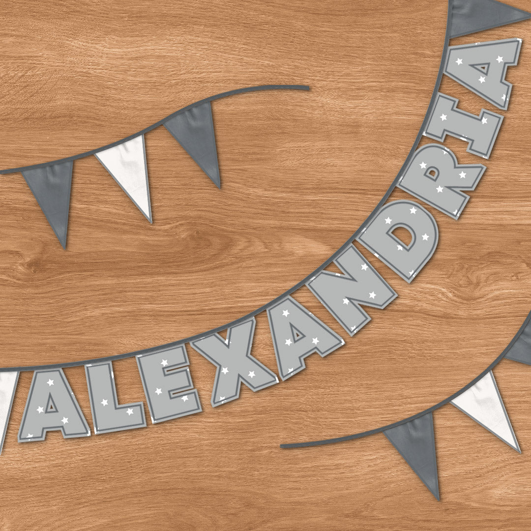 Personalised 10 Letter Name Bunting in Grey Stars