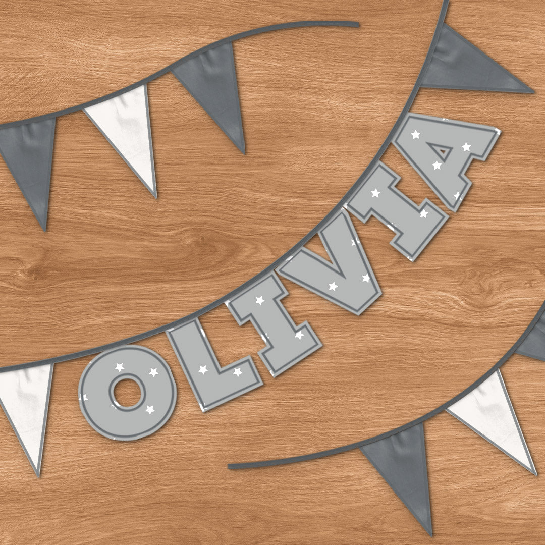 Personalised 6 Letter Name Bunting in Grey Stars