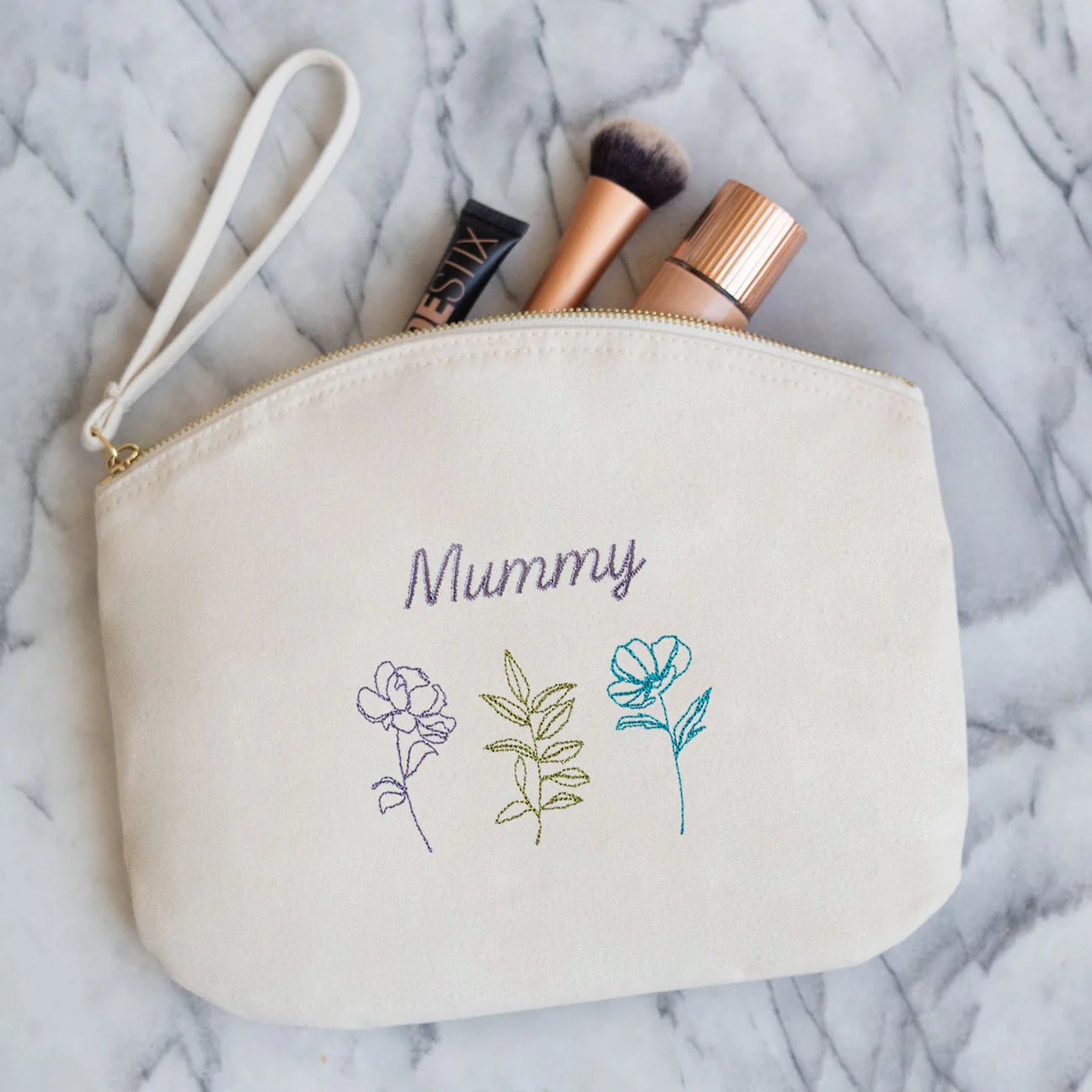 Personalised Embroidered Three Flowers Make up Bag