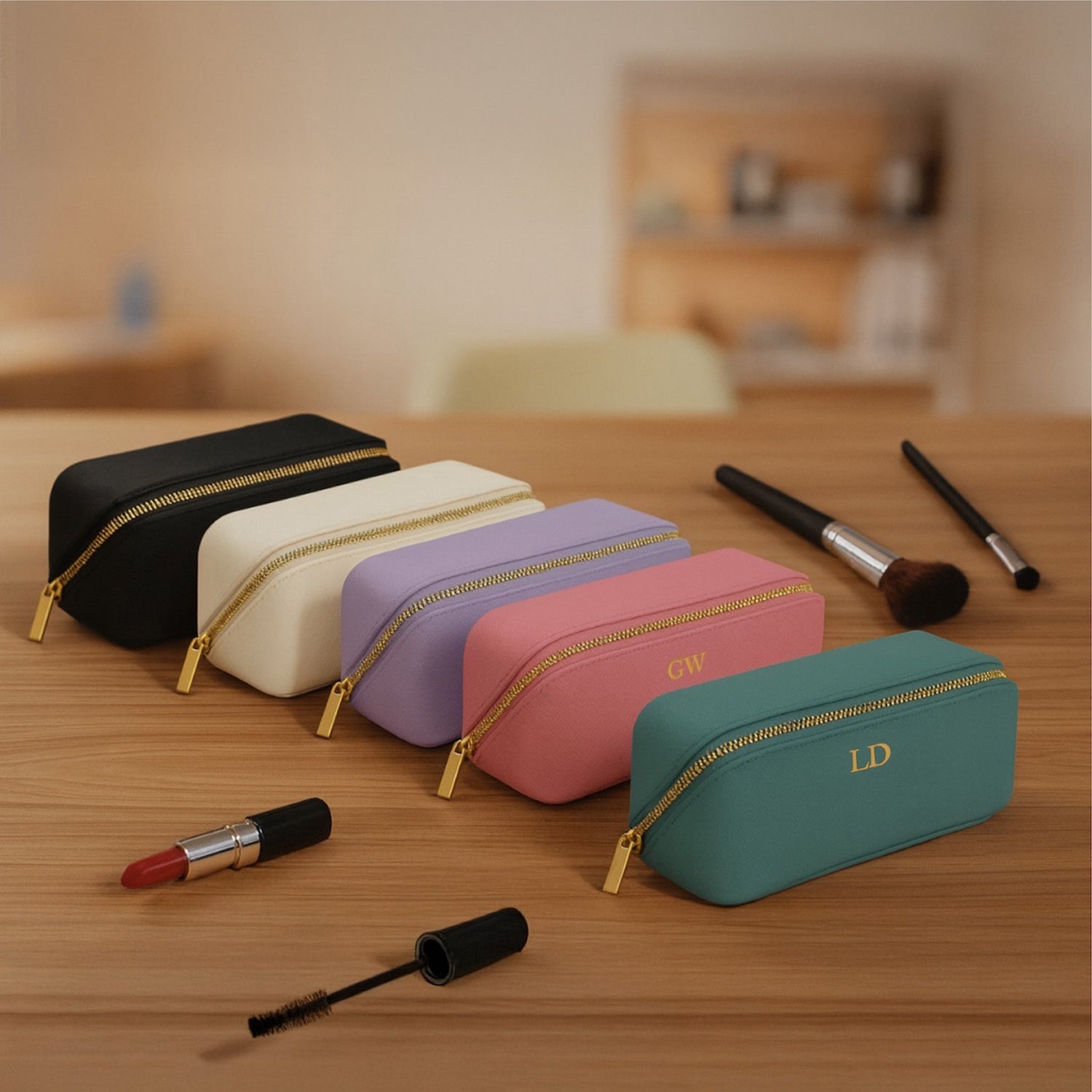 Personalised Vegan Leather Makeup Bag with Brush Set