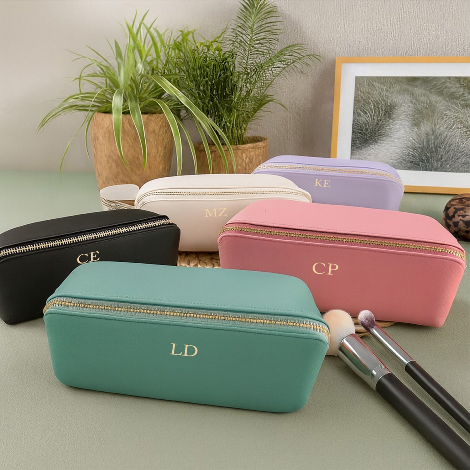 Personalised Vegan Leather Makeup Bag with Brush Set