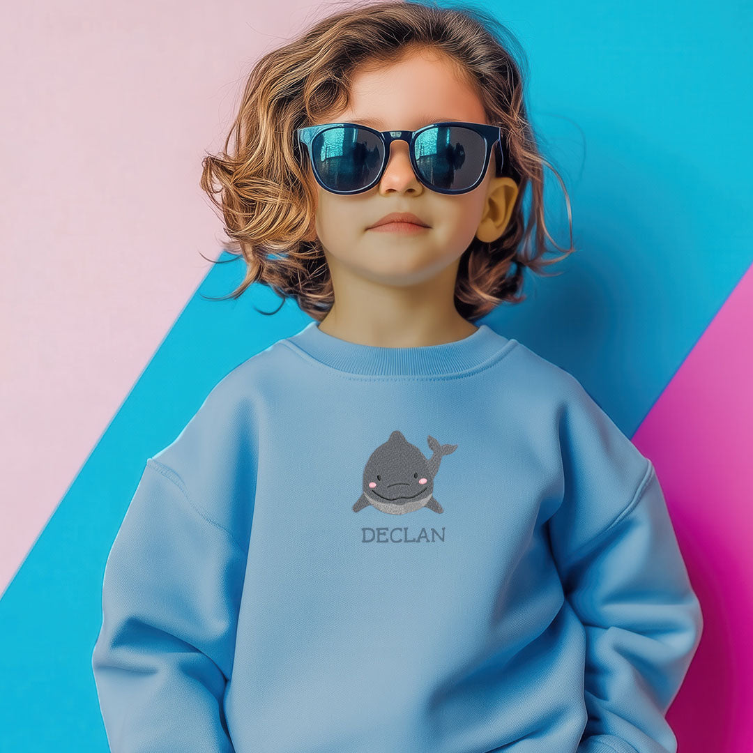 Personalised 'On The Wild Side' Embroidered Children's Dolphin Jumper