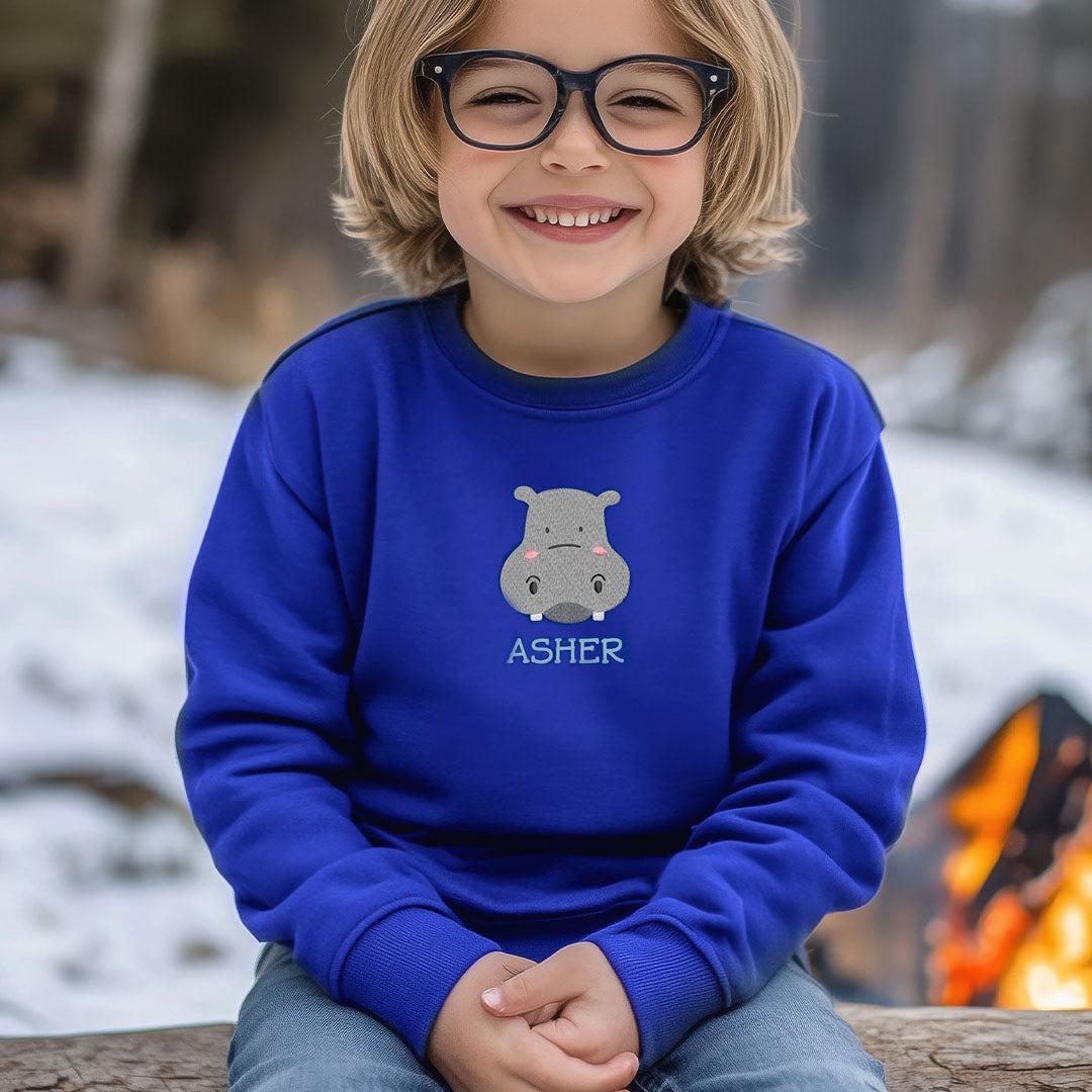 Personalised 'On The Wild Side' Embroidered Children's Hippo Jumper