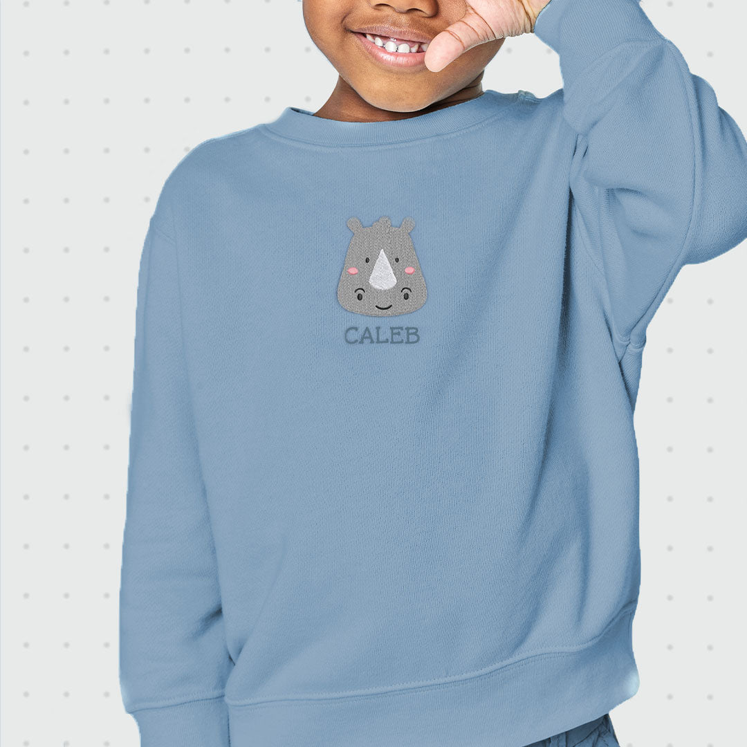 Personalised 'On The Wild Side' Embroidered Children's Rhino Jumper