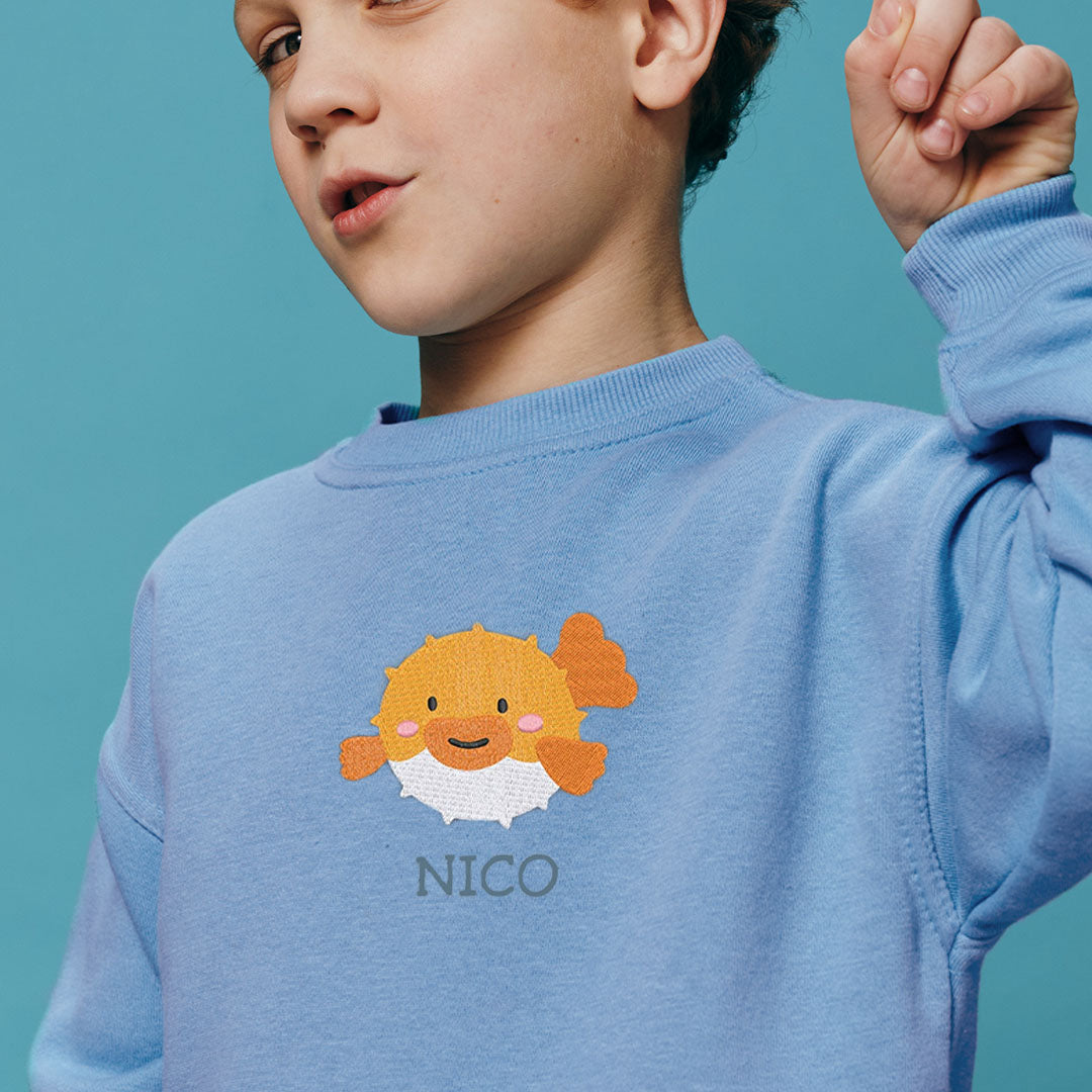 Personalised 'On The Wild Side' Embroidered Children's Puffer Fish Jumper