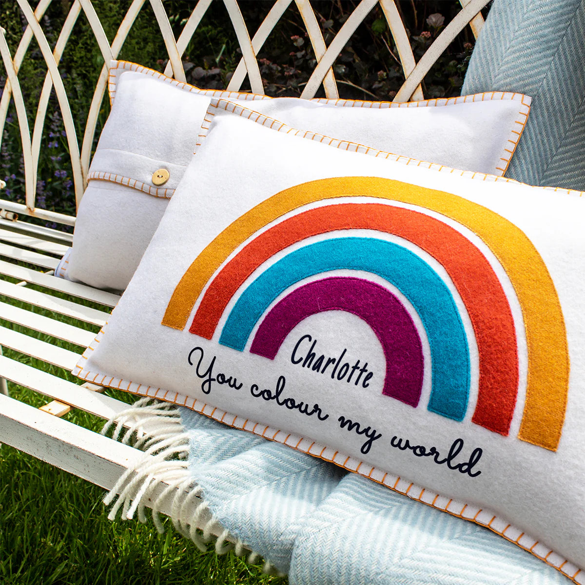 Personalised Hand Embroidered Felt Rainbow Cushion