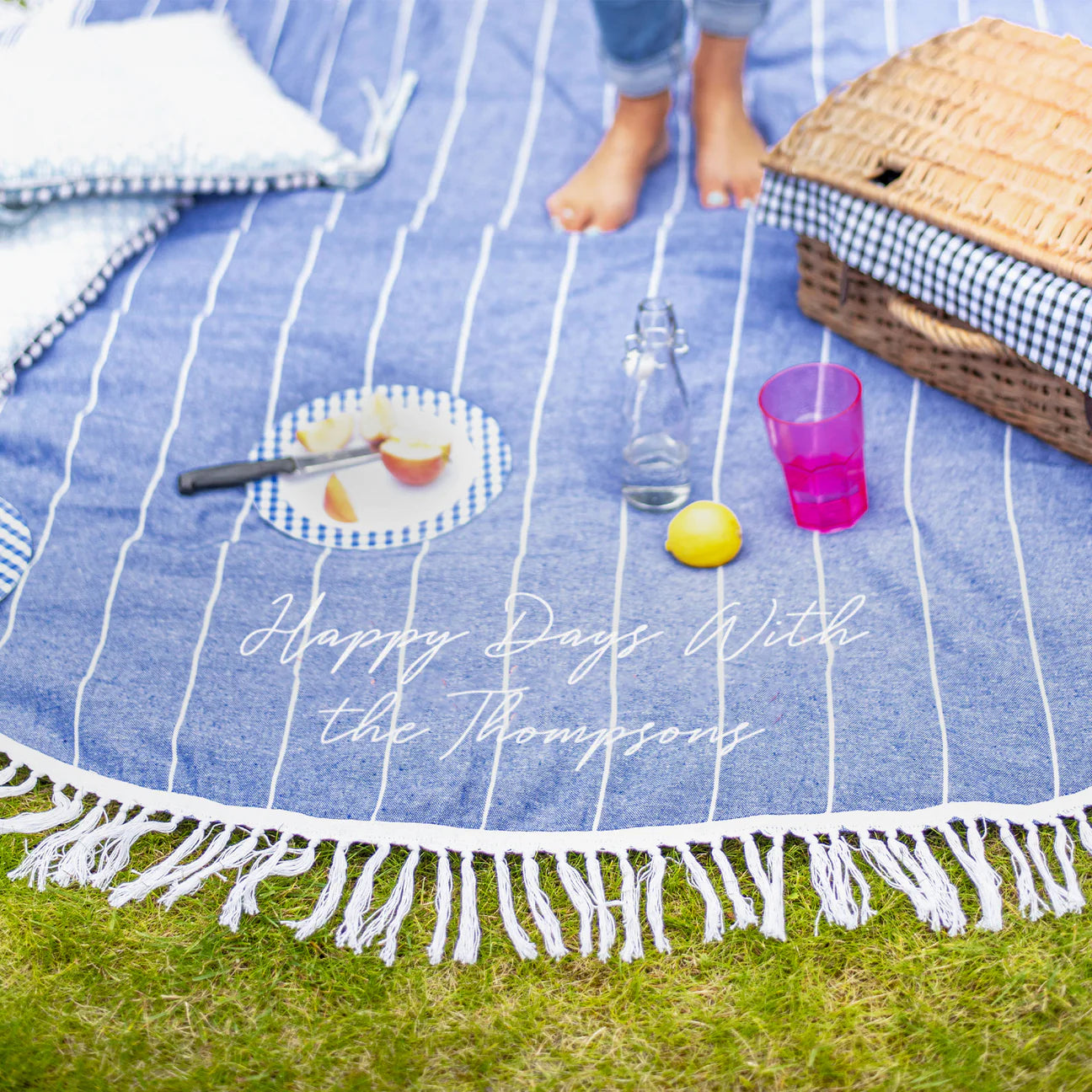 Personalised Round Blue Picnic Blanket