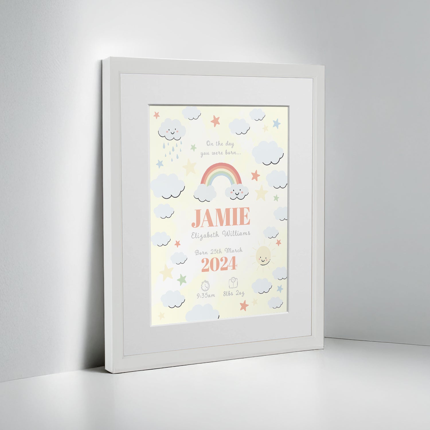 Personalised On The Day You Were Born Rainbow Framed Print