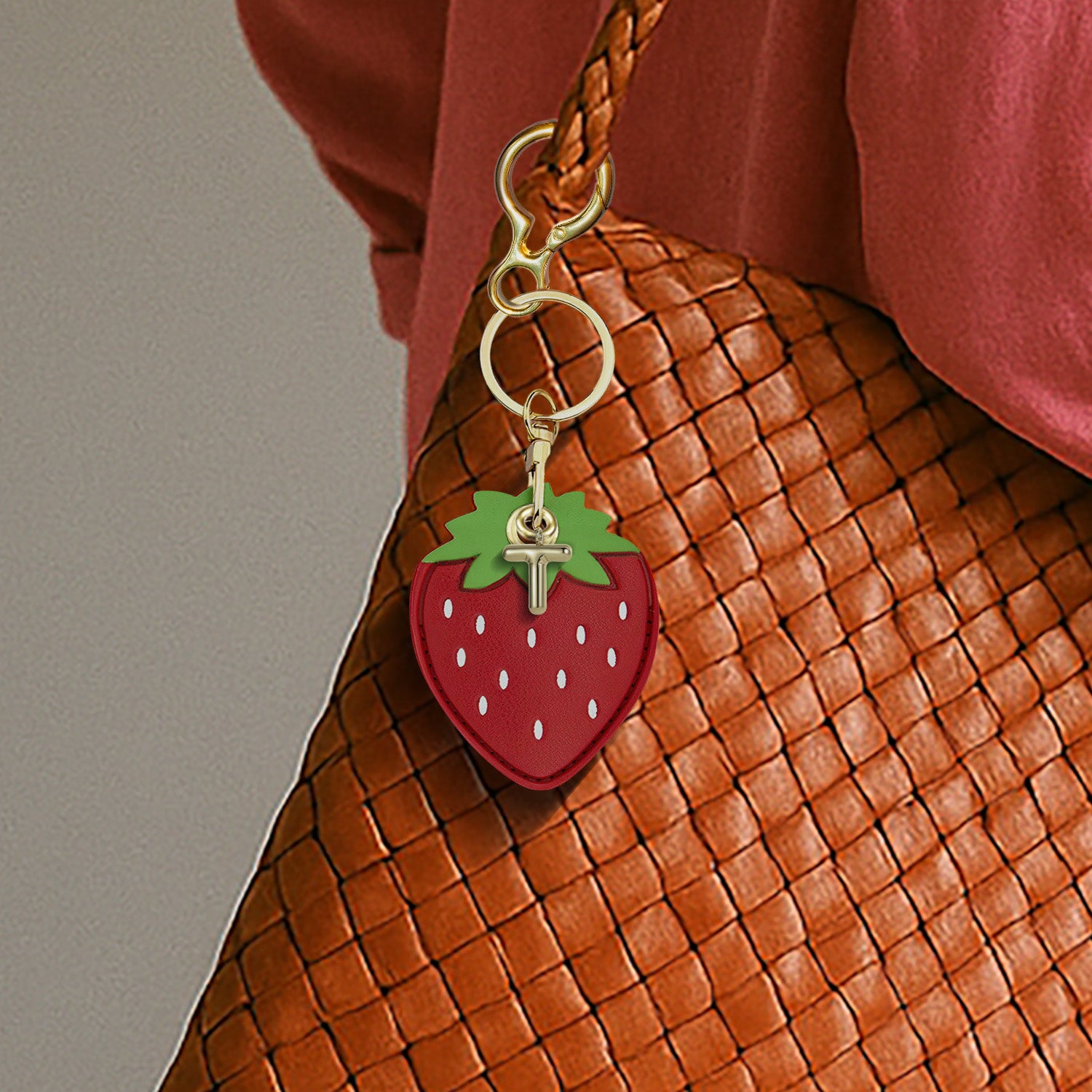 Personalised Strawberry Vegan Leather Bag Charm