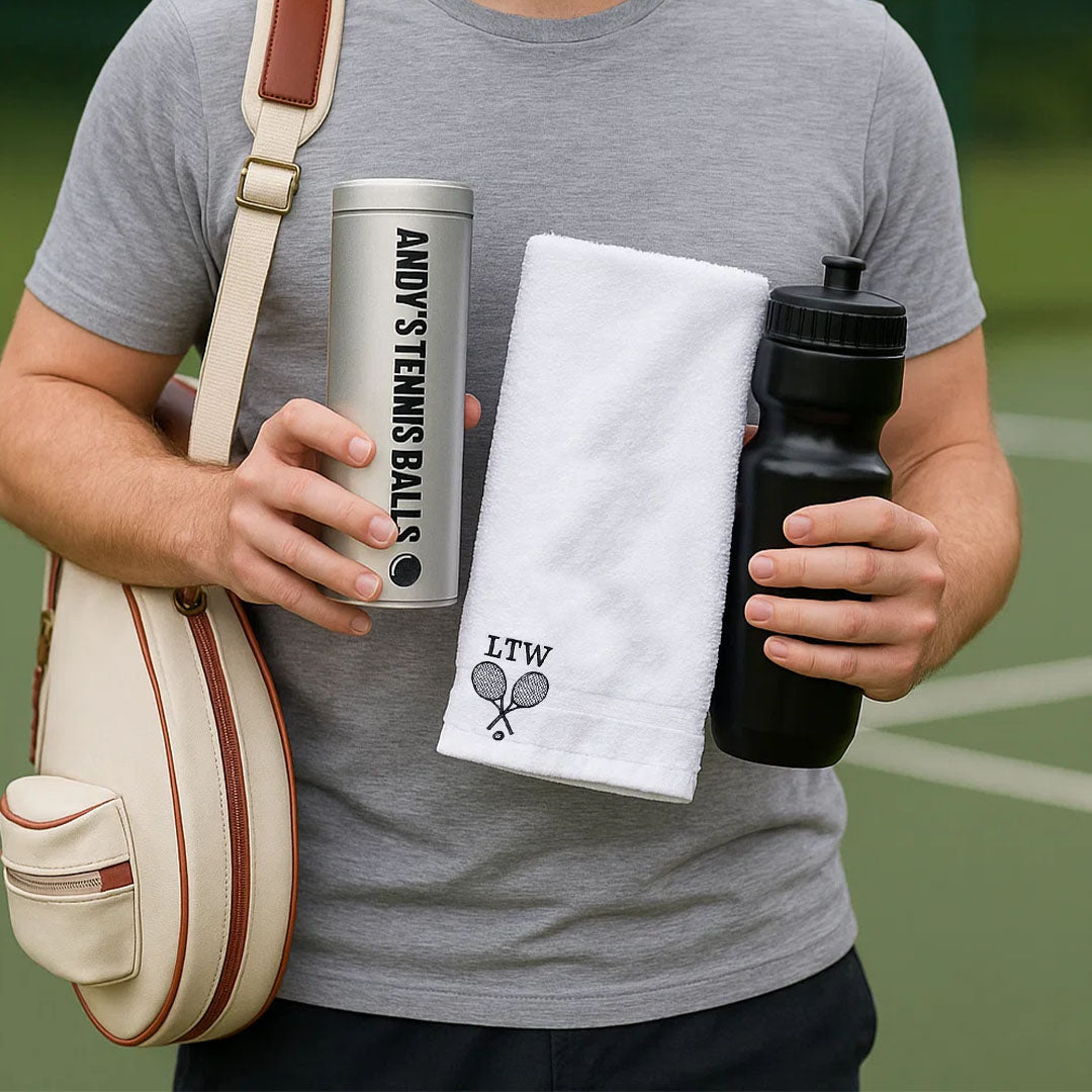 Personalised Tennis Gift Set with Racket Cover, Towel & Ball Tin