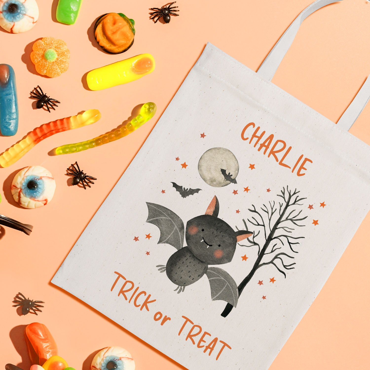 Personalised Halloween Trick or Treat Tote Bag with Bats