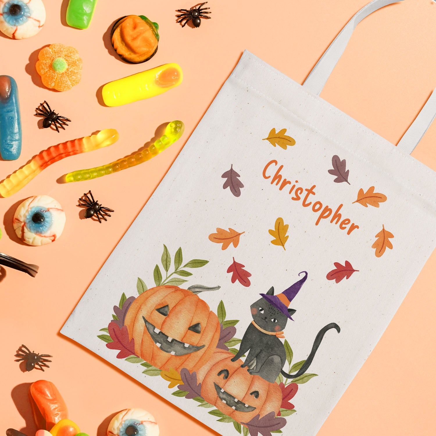 Personalised Halloween Black Cat Trick or Treat Tote Bag