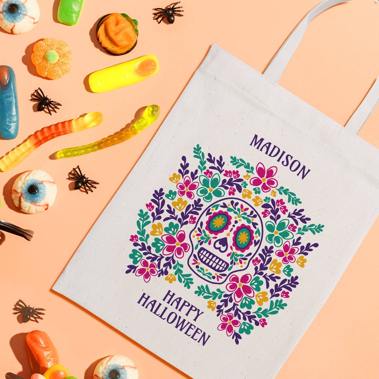Personalised Halloween Trick or Treat Tote Bag with Sugar Skull