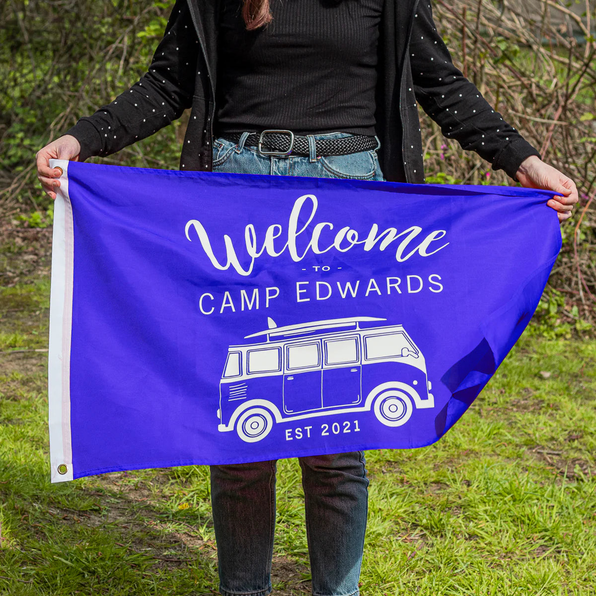 Personalised Camper Van Camping Flag in Blue