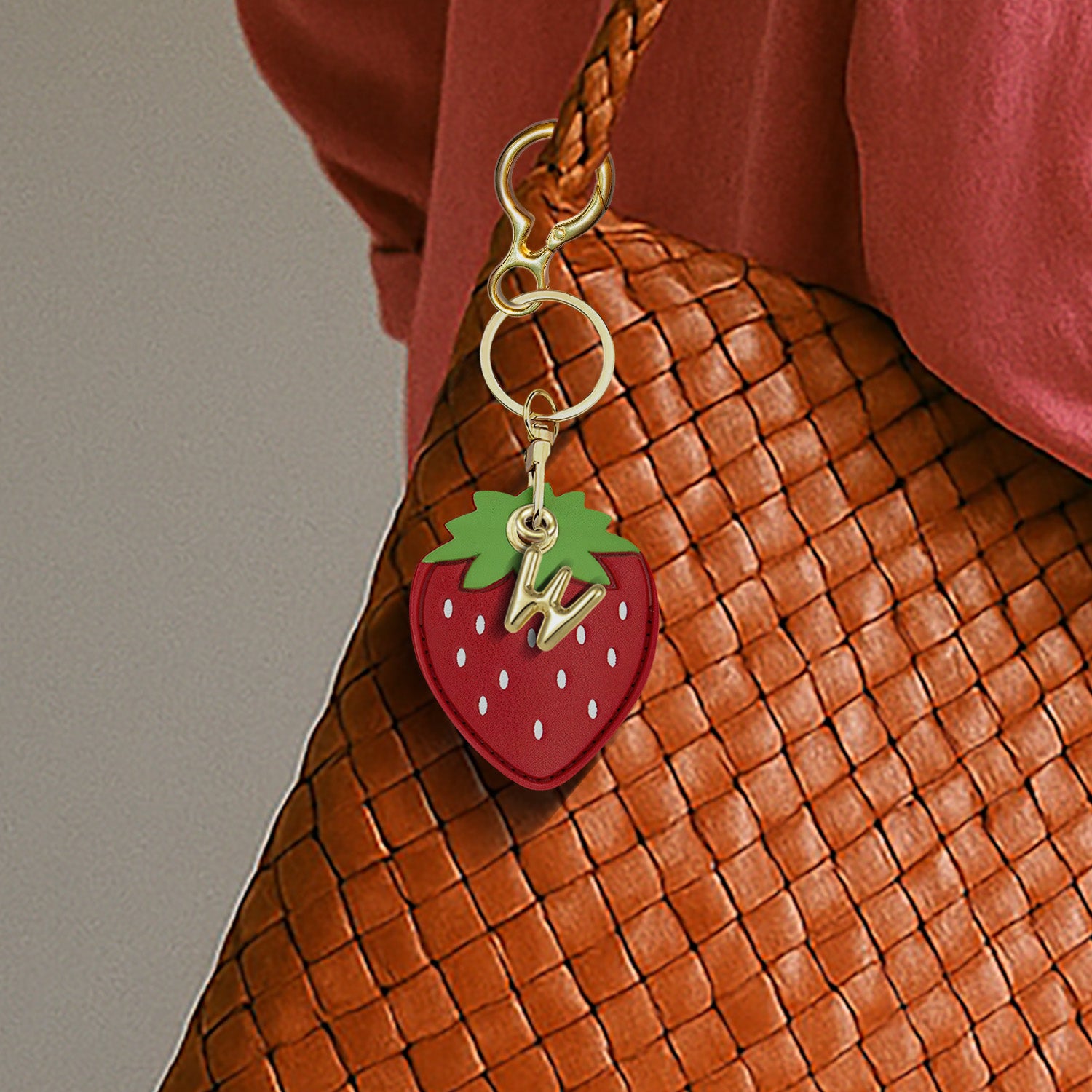 Personalised Strawberry Vegan Leather Bag Charm