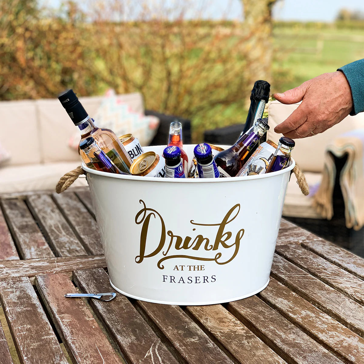 Personalised Beer Bucket White 'Drinks at the'