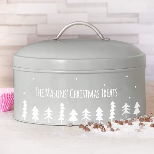 Personalised Christmas Woodland Grey Cake Tin