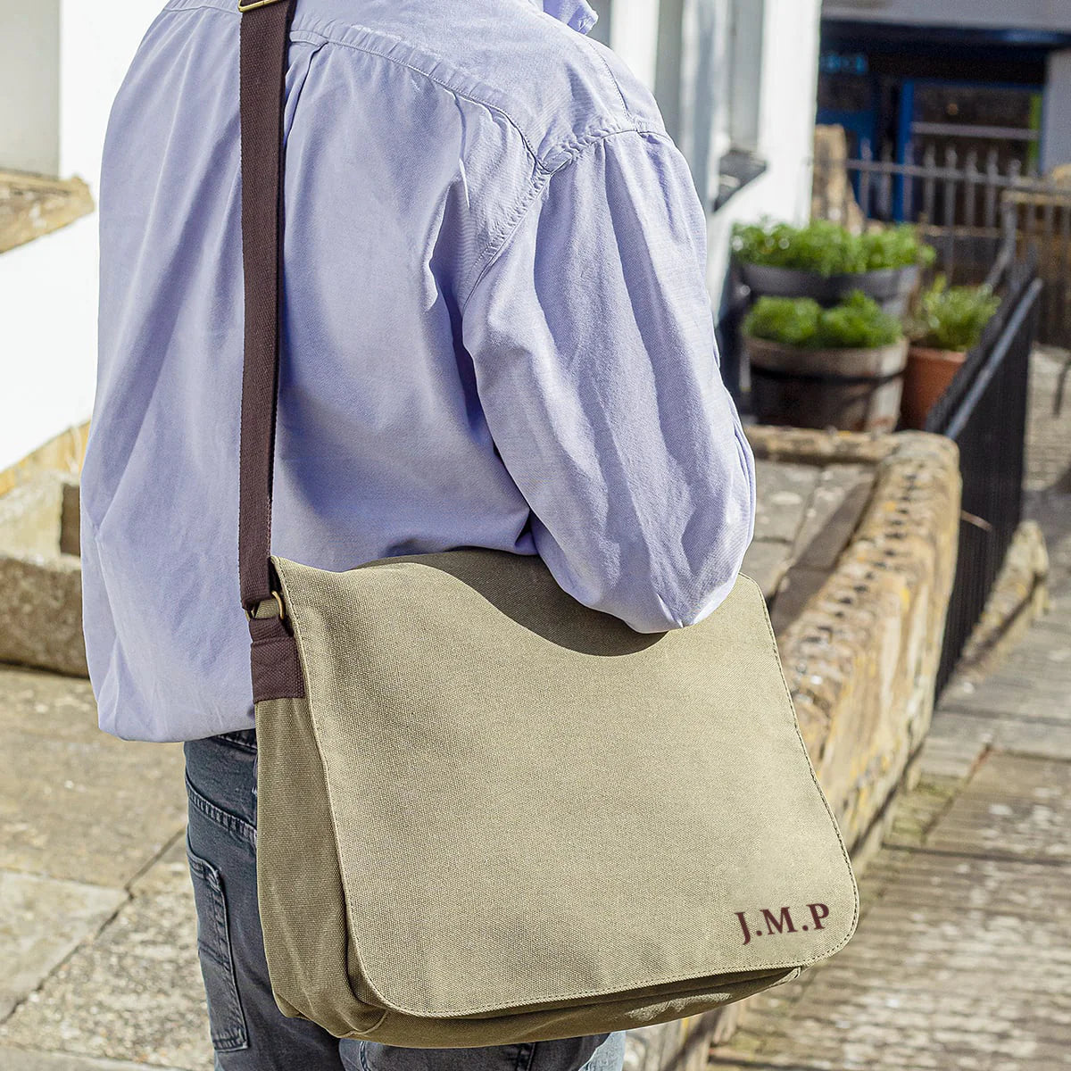 Personalised Green Vintage Canvas Messenger Bag