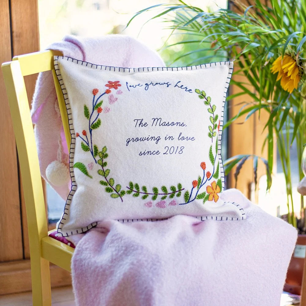 Personalised Hand Embroidered Love Wreath Cushion