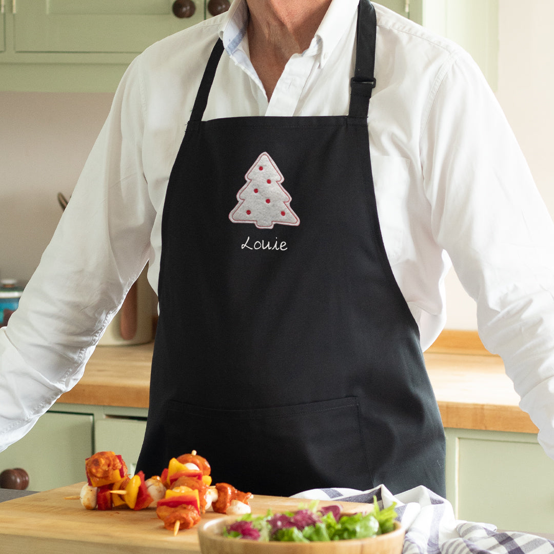 Personalised Adult Embroidered Christmas Tree Apron in Black