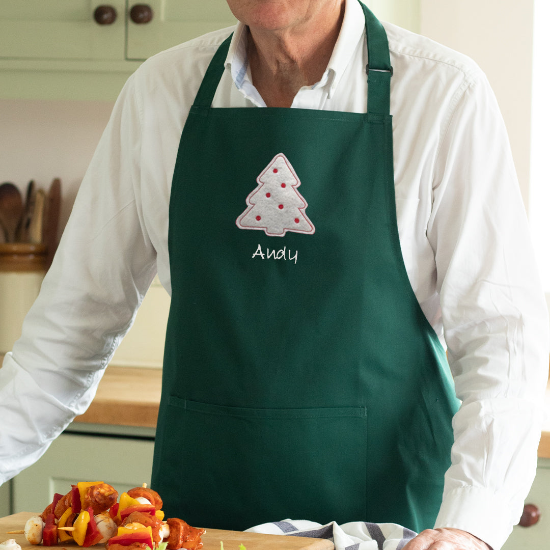 Personalised Adult Embroidered Christmas Tree Apron in Green