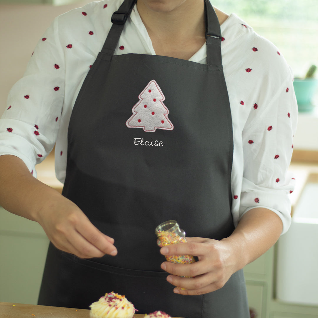 Personalised Adult Embroidered Christmas Tree Apron in Grey