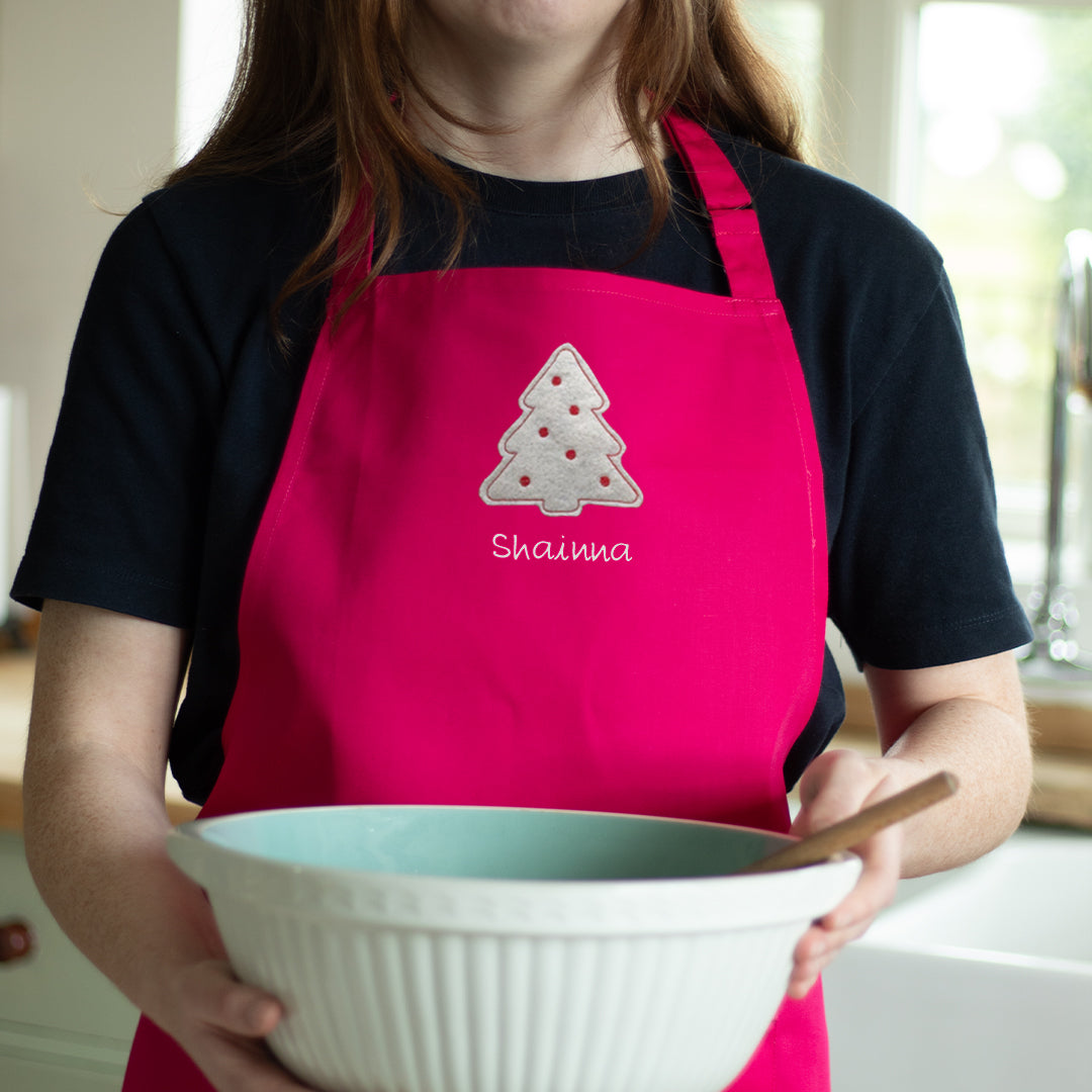 Personalised Adult Embroidered Christmas Tree Apron in Pink