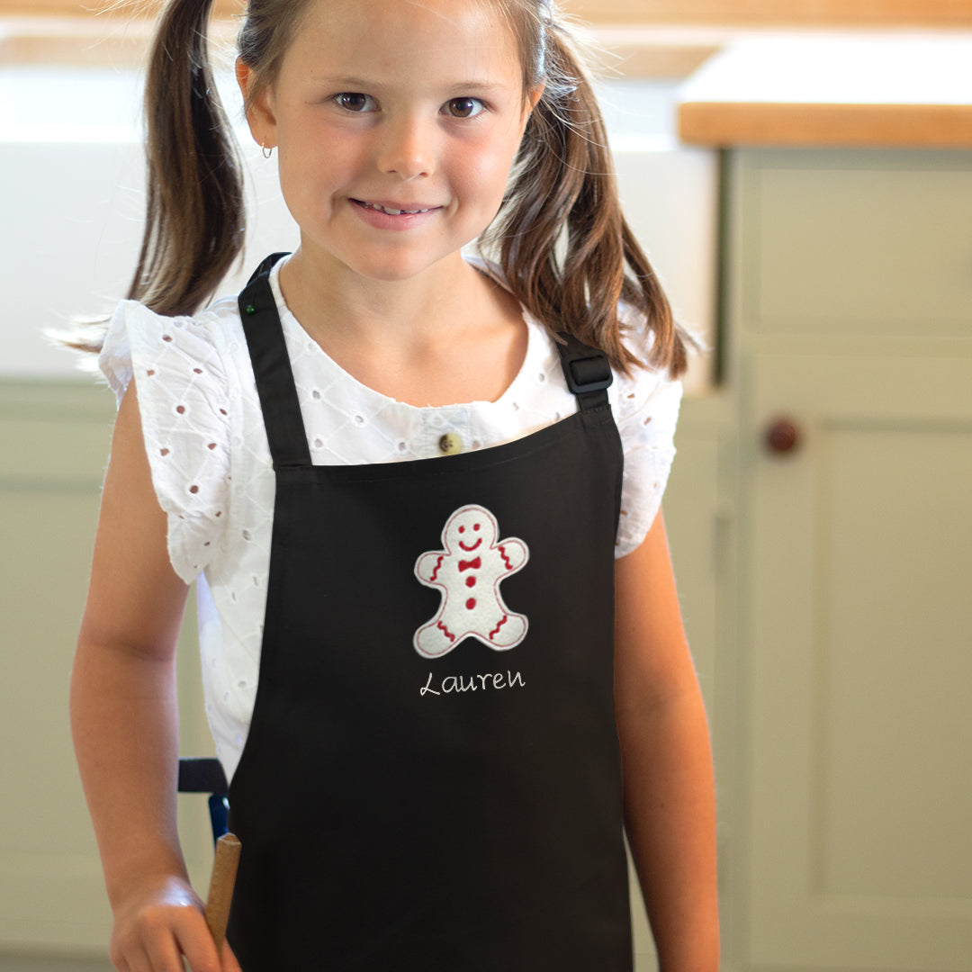 Personalised Embroidered Christmas Gingerbread Man, 7-10 Years Child Apron in Black